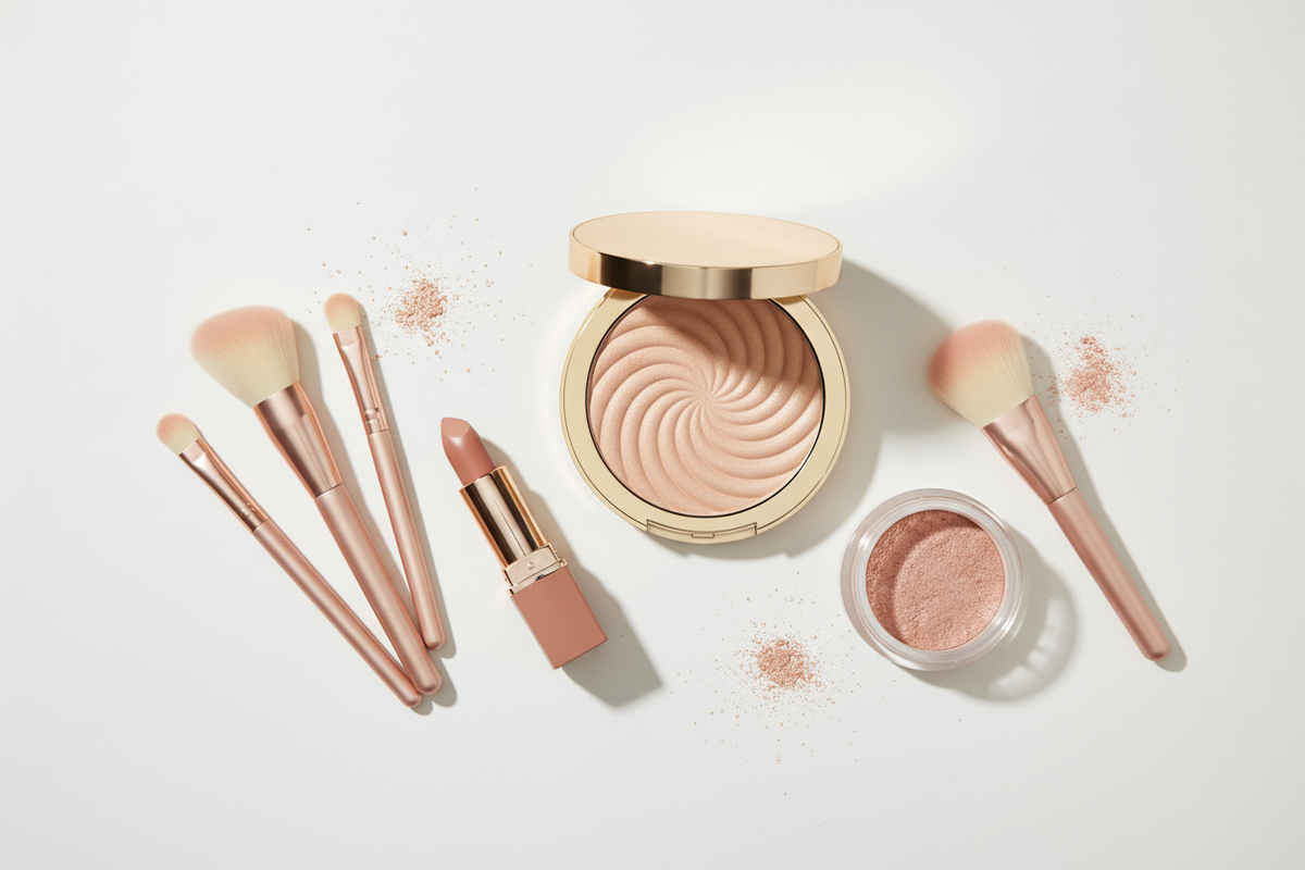 Dekorative Kosmetik mit Puder, Lippenstift und Make-up-Pinseln in elegantem Rosé-Gold-Arrangement