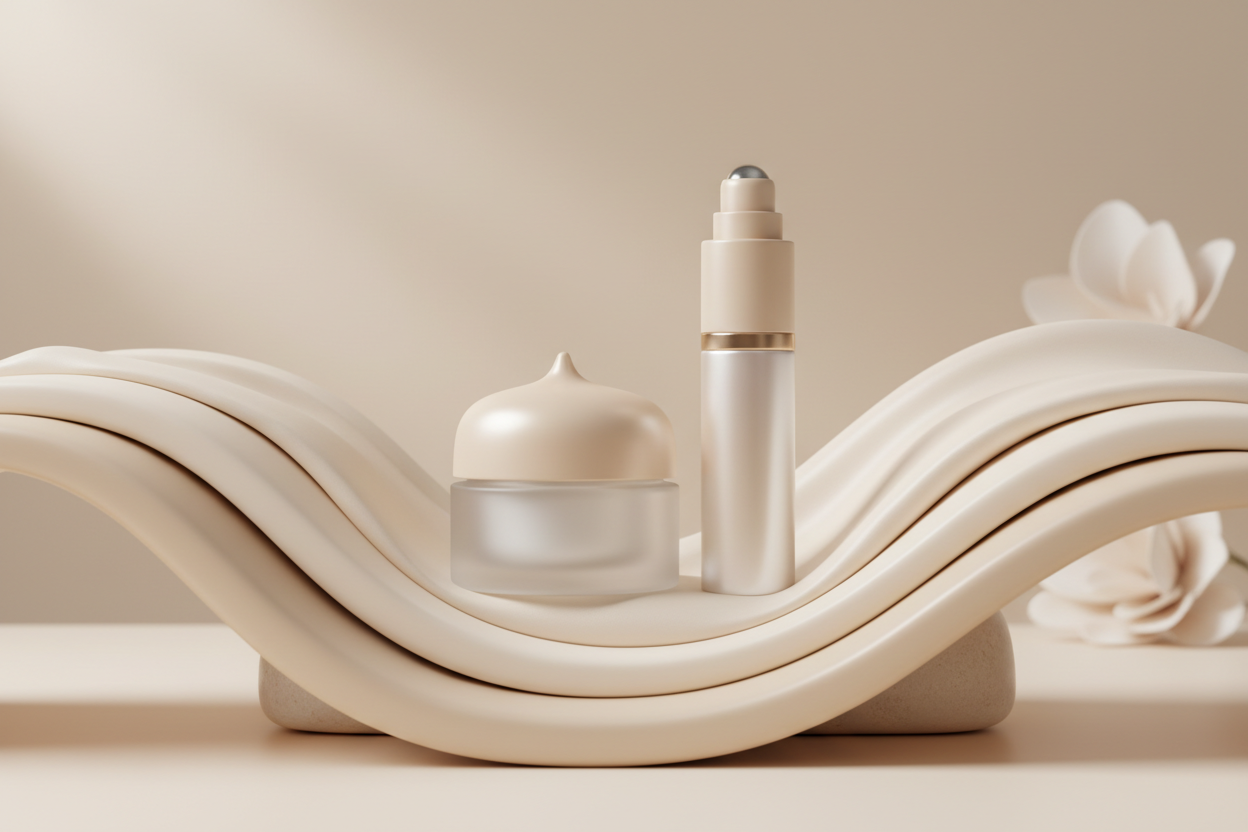 Pflegeprodukte für den Augenbereich in heller, eleganter Beauty-Atmosphäre