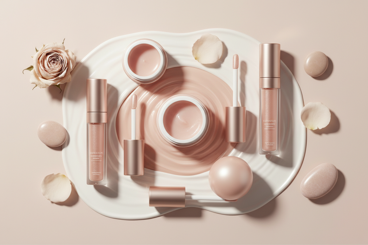 Lippenpflege mit Balsam und pflegenden Lip-Produkten in elegantem Rosé-Arrangement