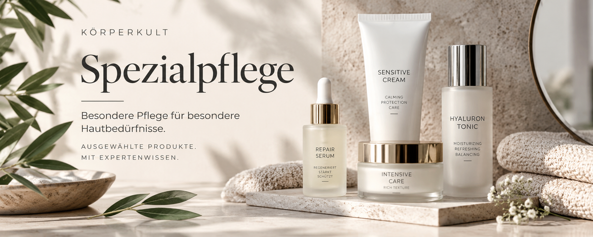 Spezialpflege für besondere Hautbedürfnisse mit Serum, Creme und Tonic in eleganter Beauty-Atmosphäre