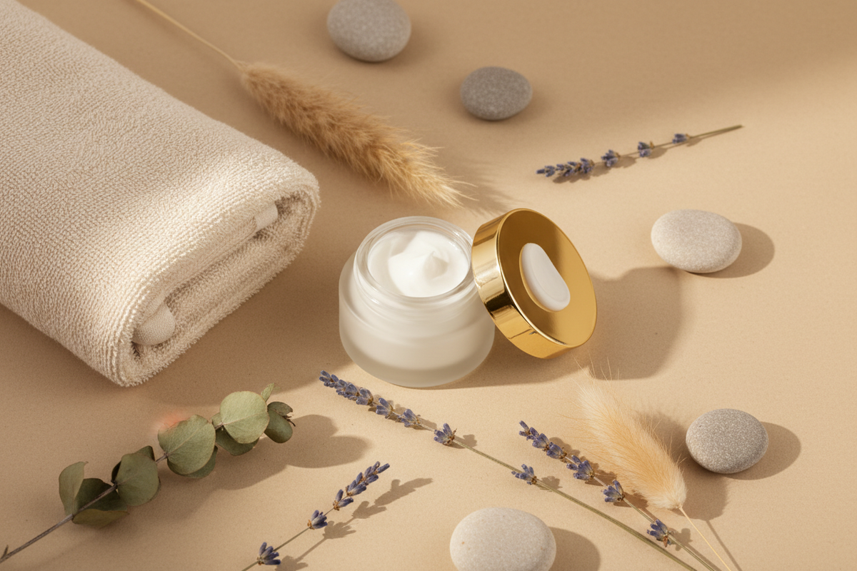 Fußpflege mit Creme und Wellness-Produkten in heller Spa-Atmosphäre