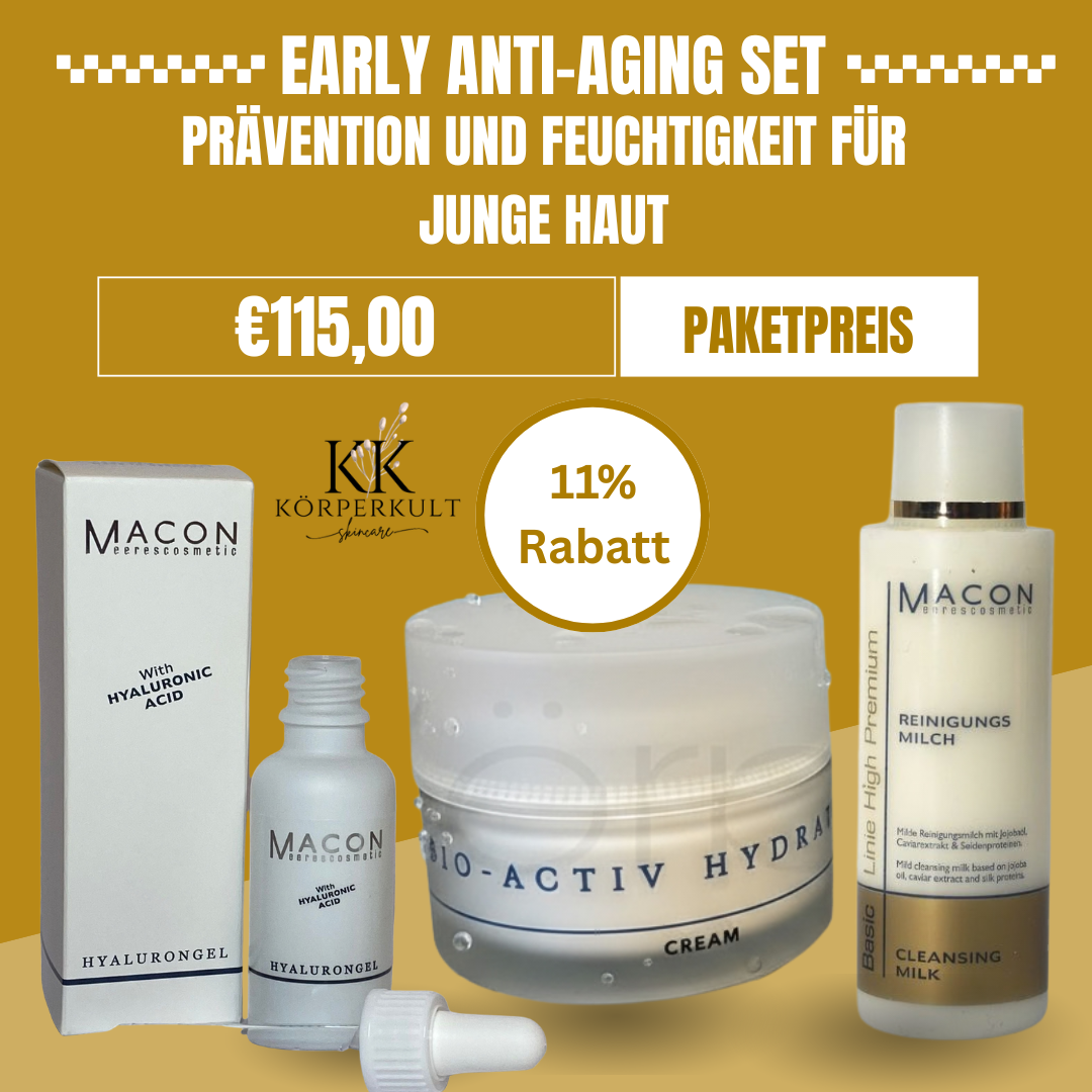 Early Anti-Aging Set – Macon Bundle mit Hyaluron Gel, Bio Activ Hydratant Cream und Reinigungsmilch, 11% Rabatt, nur 115,00€