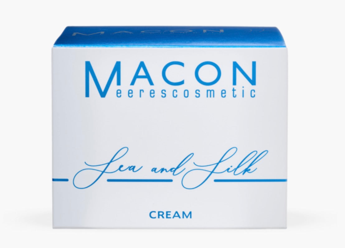 Originalverpackung der MACON Sea & Silk Creme mit Avocadoöl, Mangobutter und Seidenproteinen