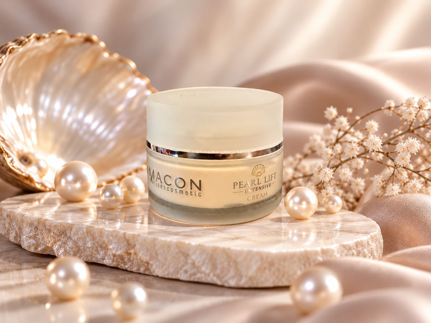 MACON Pearl Lift Intensive Creme 50 ml mit Perlen und Muschel in eleganter Pflegeszene