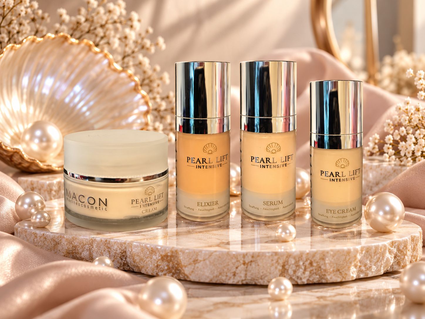 MACON Pearl Lift Intensive Pflegeserie mit Creme, Elixier, Serum und Augencreme in eleganter Perlenkulisse