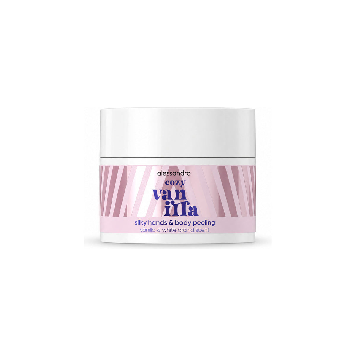 Alessandro Cozy Vanilla Silky Hands & Body Peeling – Meersalzpeeling, 50 ml auf weißem Hintergrund – vollständige Produktansicht
