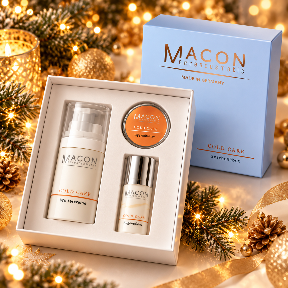 MACON Cold Care Geschenkbox mit Wintercreme, Augenpflege und Lippenbutter in festlicher Winterdekoration
