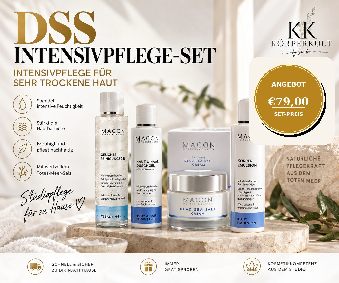 MACON Dead Sea Salt Intensivpflege-Set – 4 Originalprodukte, Setpreis 79 Euro