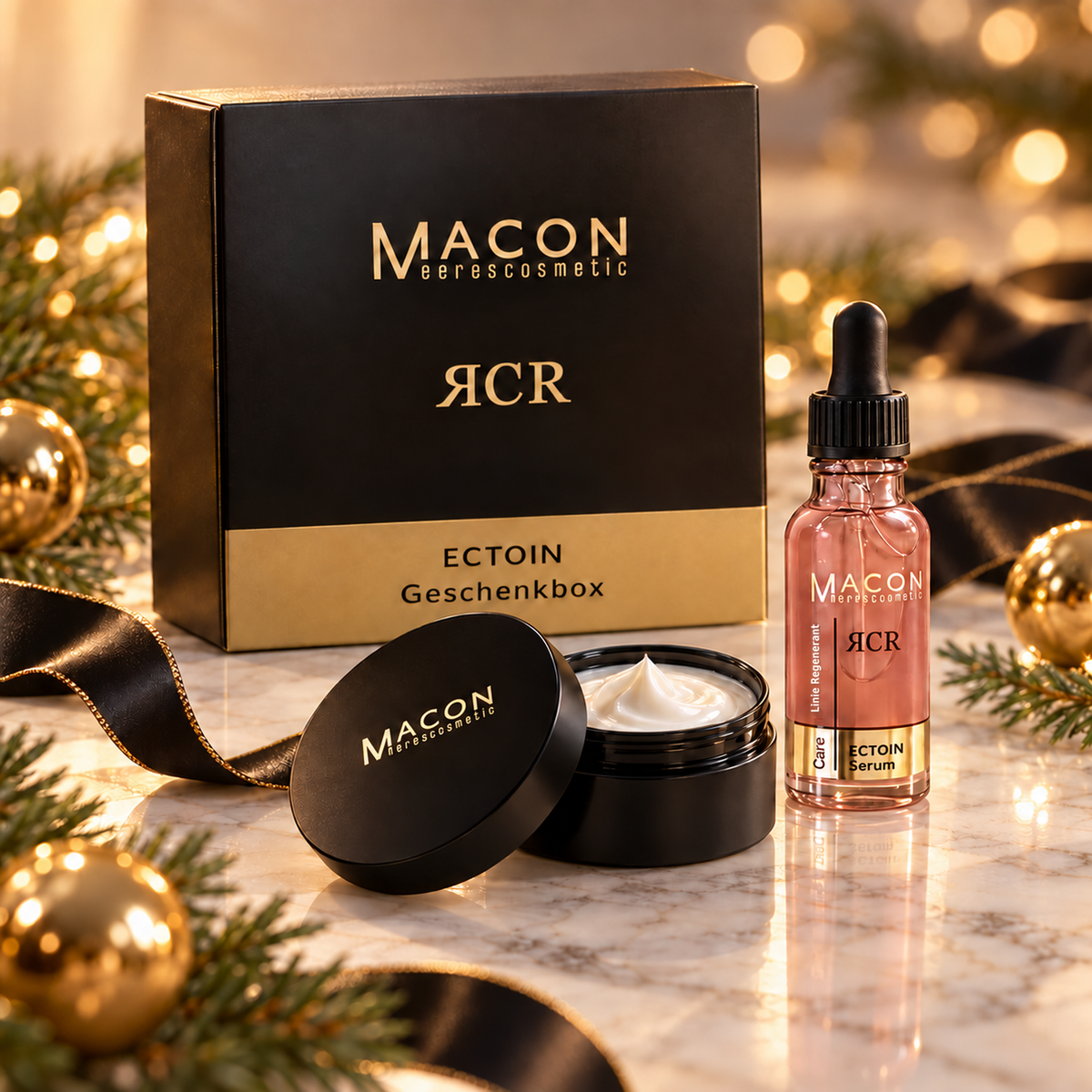 MACON RCR Ectoin Geschenkbox mit Creme und Serum in festlicher Weihnachtsdekoration – Anti-Aging Geschenkset