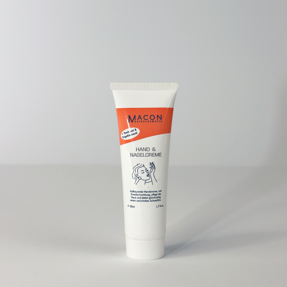 Macon Meerescosmetic Hand & Nagelcreme - Rückansicht der Tube mit Inhaltsstoffen