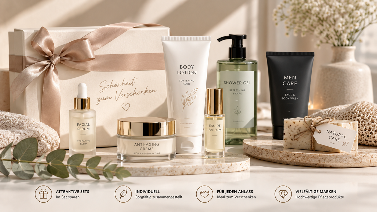 Kosmetik-Bundles mit sorgfältig kombinierten Pflegeprodukten verschiedener Marken für unterschiedliche Hautbedürfnisse