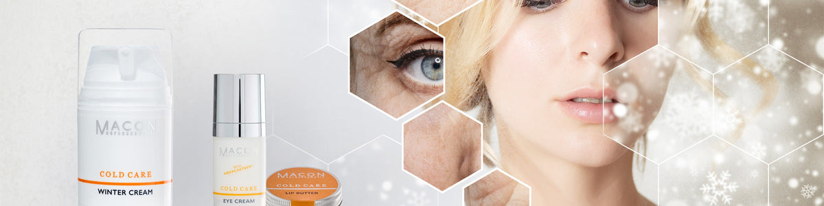 Werbung für MACON Meereskosmetik Cold Care Produkte, inklusive Winter Cream, Eye Cream und Lip Butter, gezeigt neben einer jungen Frau mit glatter Haut. Das Bild hebt die Anti-Aging-Wirkung der Produkte hervor.