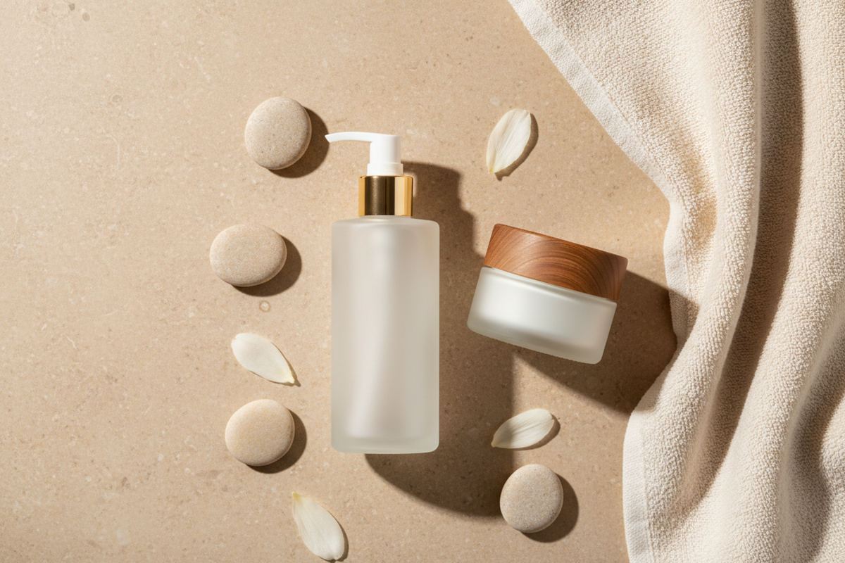 Körperpflege mit Lotion und Creme auf hellem Spa-Arrangement mit Handtuch und Natursteinen