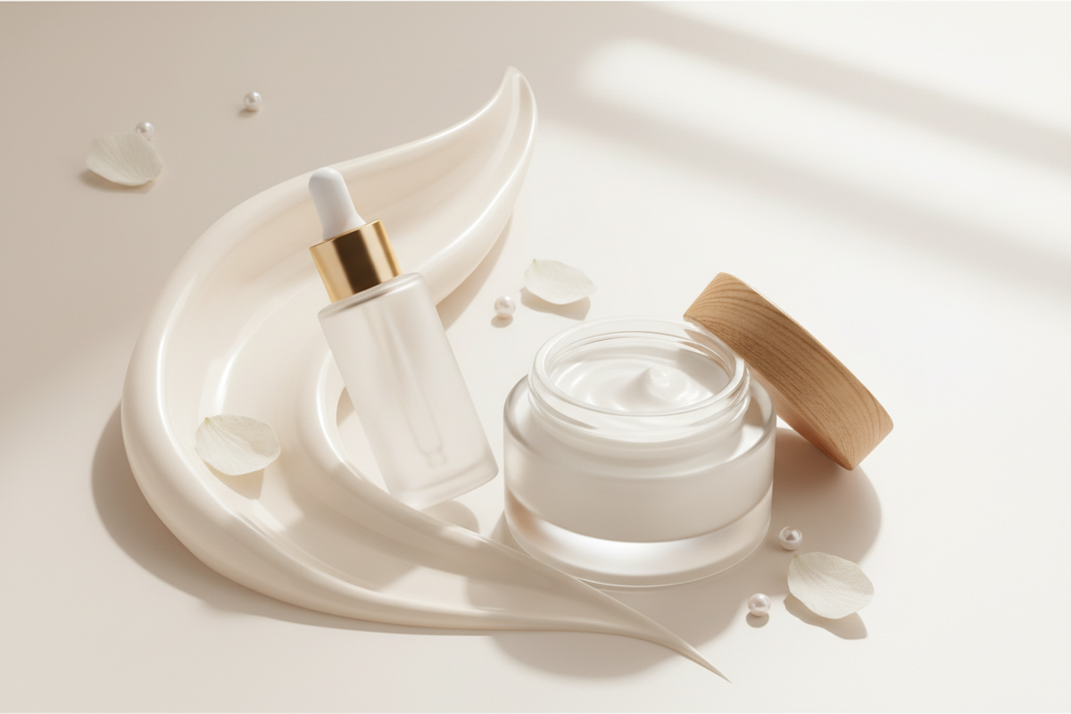 Gesichtspflege mit Serum und Creme auf hellem, elegantem Pflege-Arrangement