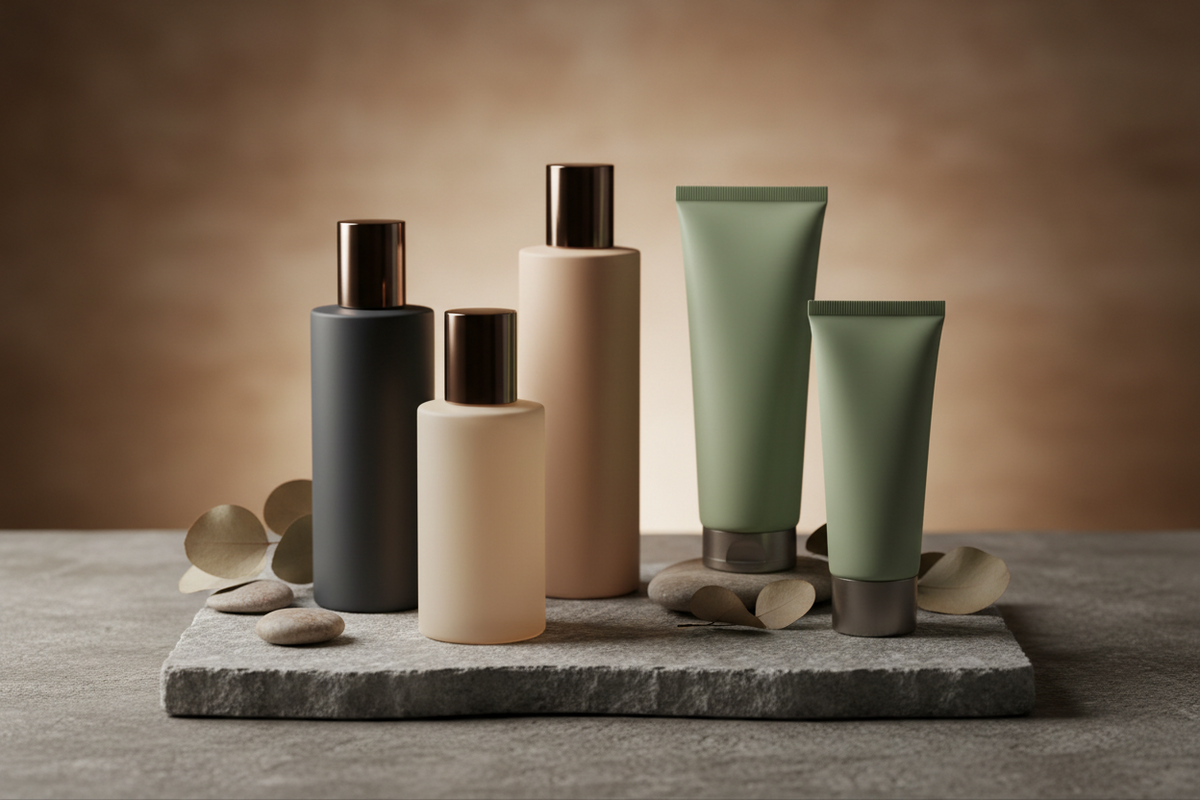 Männerpflege mit Pflegeprodukten in dunkler, eleganter Spa-Atmosphäre