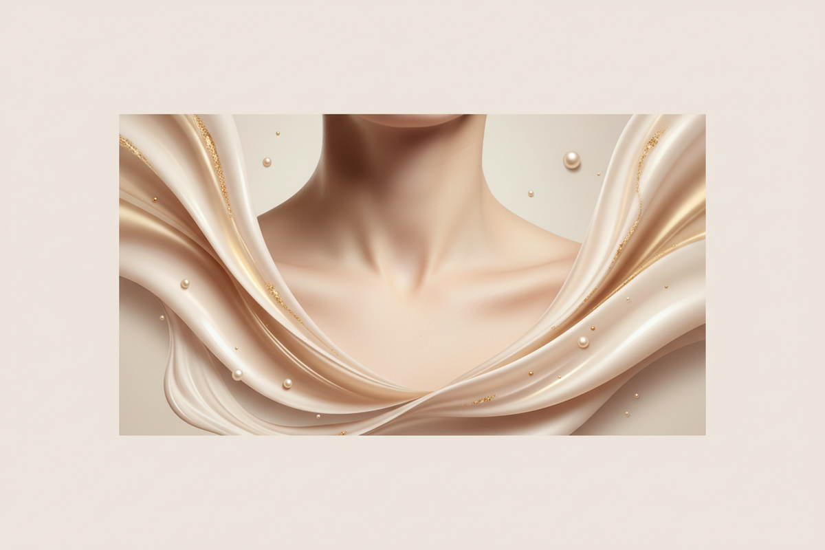 Pflegeprodukte für Hals und Dekolleté in heller Premium-Beauty-Atmosphäre