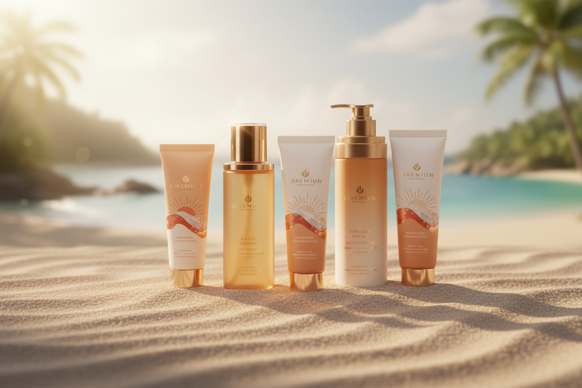 Sonnenschutzprodukte für Gesicht und Körper am Strand mit Sonne, Sand und Meer im Hintergrund