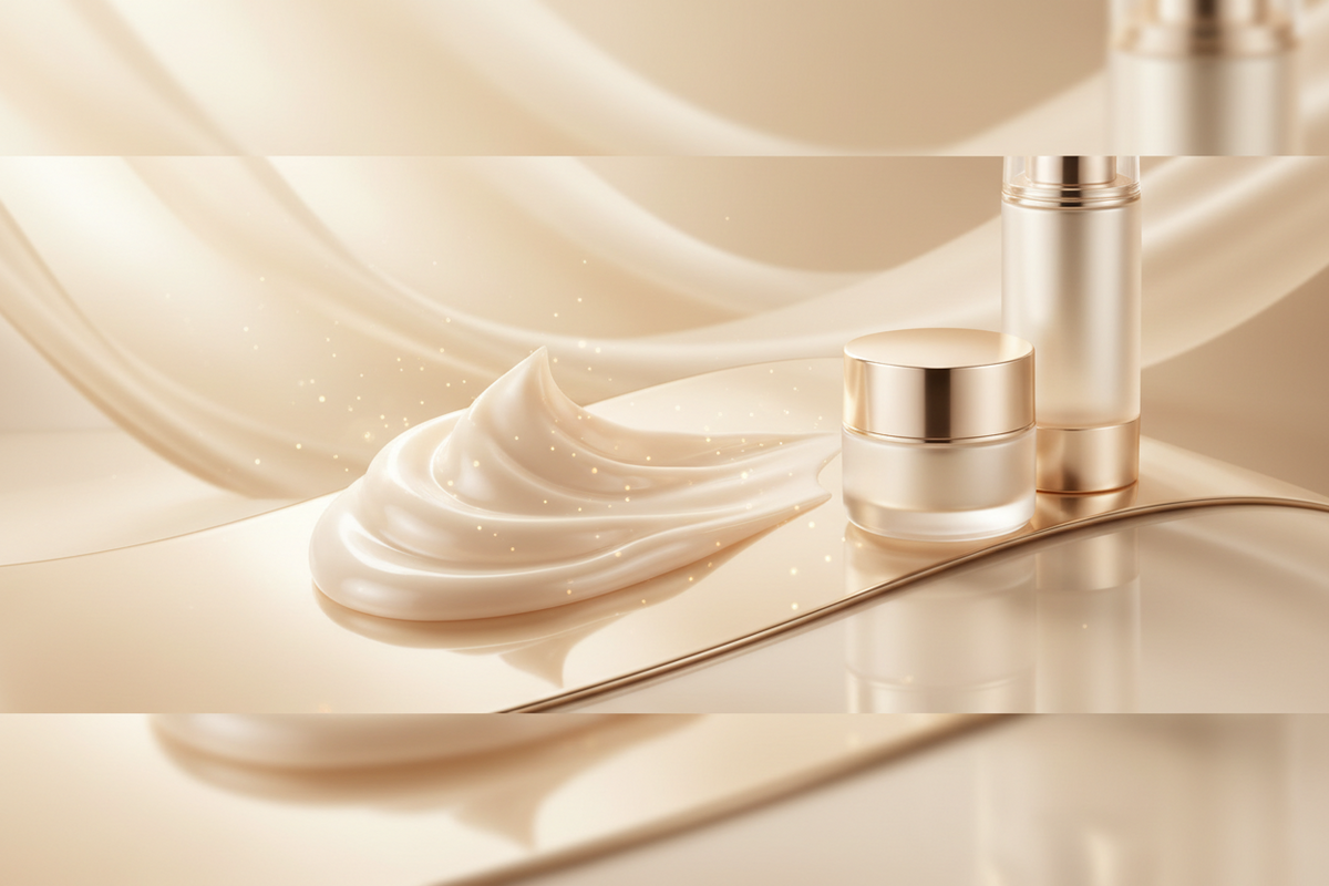 Anti-Aging Pflege mit Creme und Serum in eleganter, gold-beiger Beauty-Atmosphäre