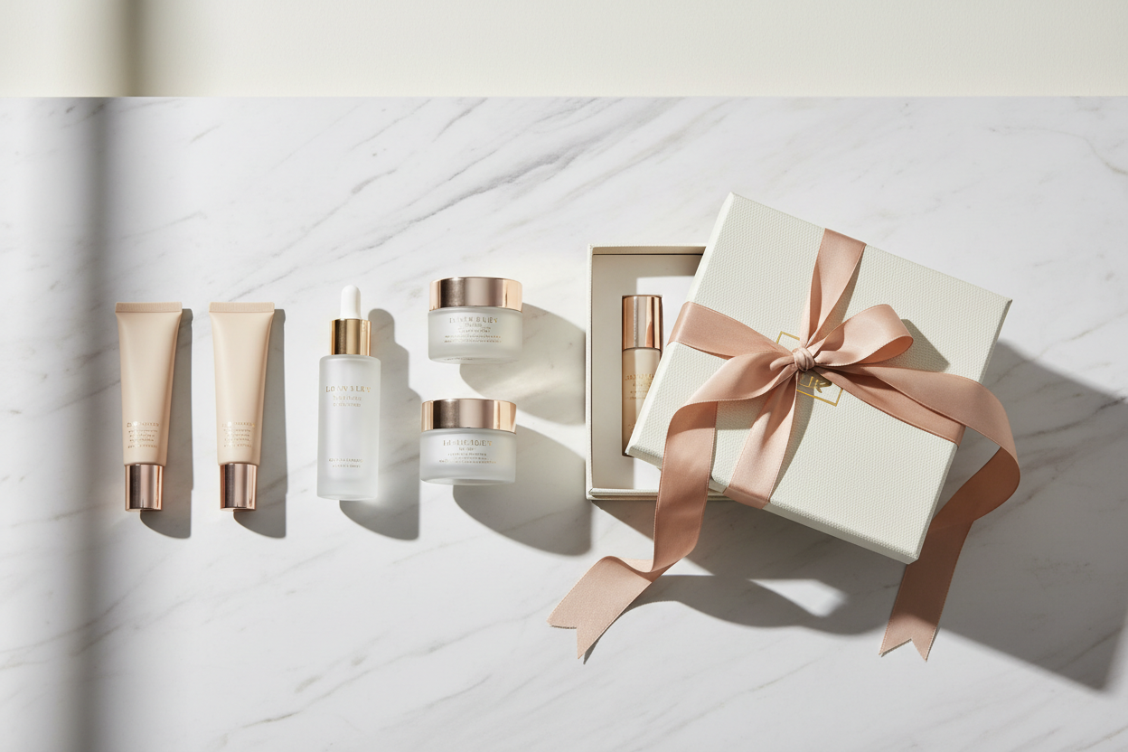 Saisonale Hautpflege und Geschenkset mit Cremes, Serum und eleganter Geschenkbox