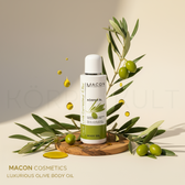 MACON Olivé Körperöl mit Olivenzweig und Oliven auf hellem Hintergrund