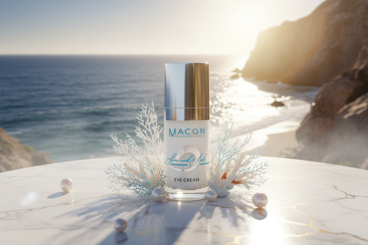 MACON Sea & Silk Augencreme vor Meereskulisse – luxuriöse Anti-Aging Augenpflege mit marinen Wirkstoffen