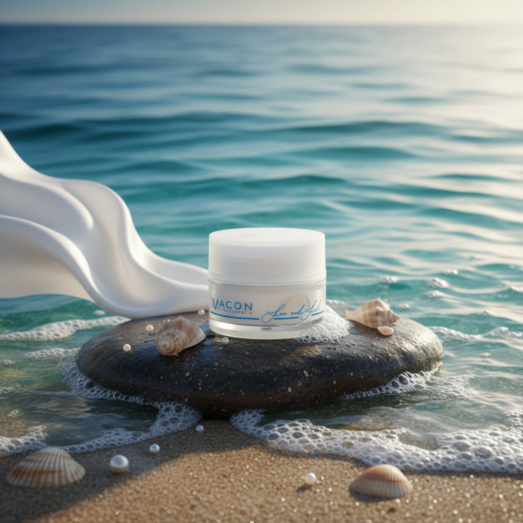 MACON Sea & Silk Gesichtscreme vor maritimer Kulisse
