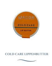Bild einer runden Dose Macon Cold Care Lippenbutter in Orange und Silber.