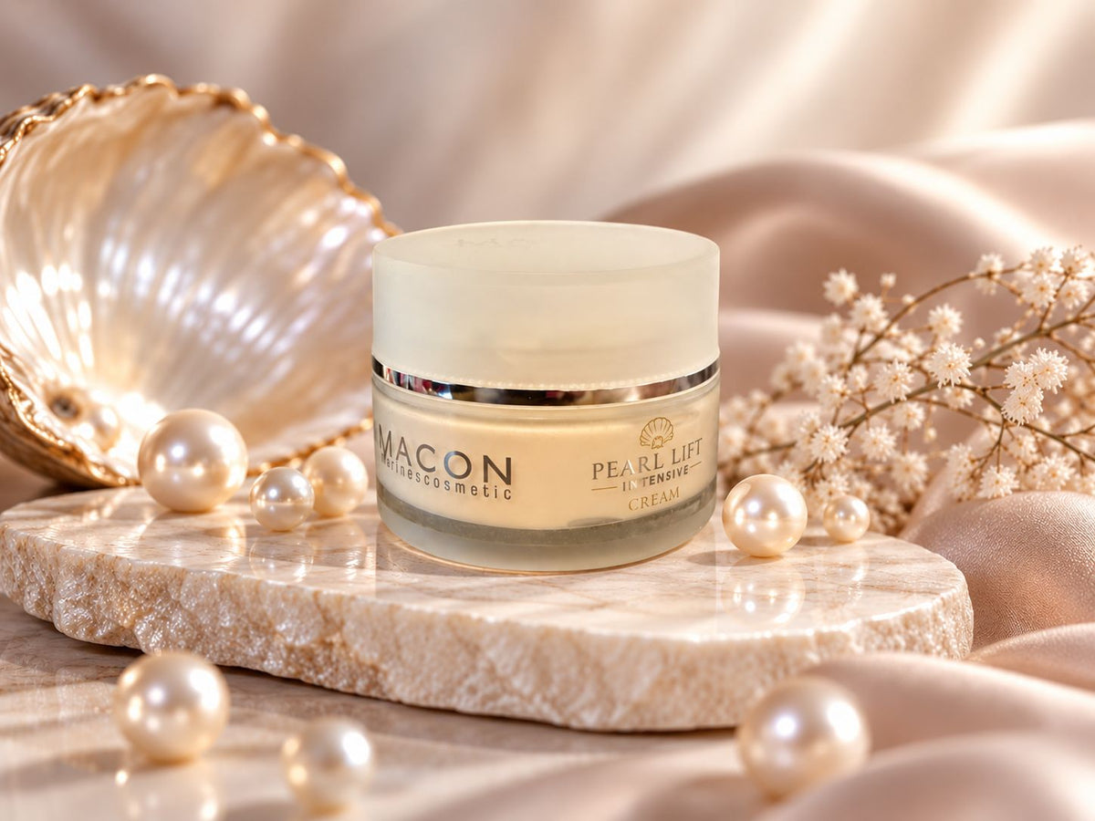 MACON Pearl Lift Intensive Creme 50 ml mit Perlen und Muschel in eleganter Pflegeszene