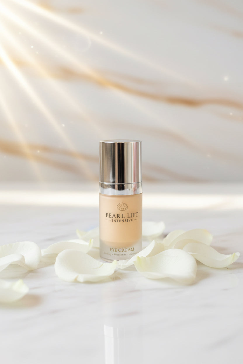 MACON Pearl Lift Intensive Augencreme 15 ml auf hellem Marmor mit weißen Blütenblättern