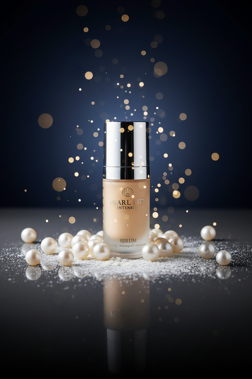 MACON Pearl Lift Intensive Serum 15 ml mit Perlen vor dunkelblauem Hintergrund