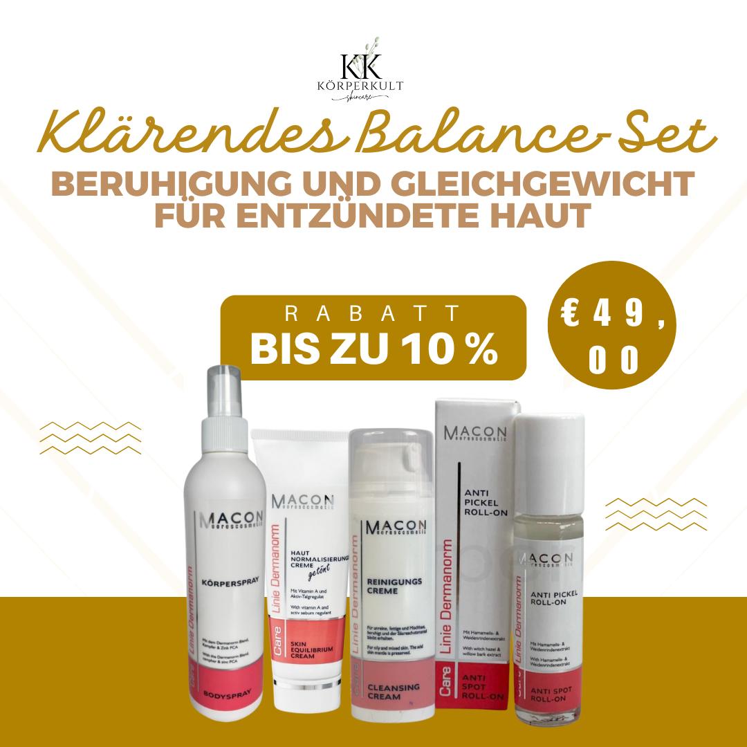 Klärendes Balance-Set – Macon Bundle mit Dermanorm Körperspray, Haut Normalcreme, Reinigungscreme und Anti Pickel Roll-On, 10% Rabatt, nur 49,00€