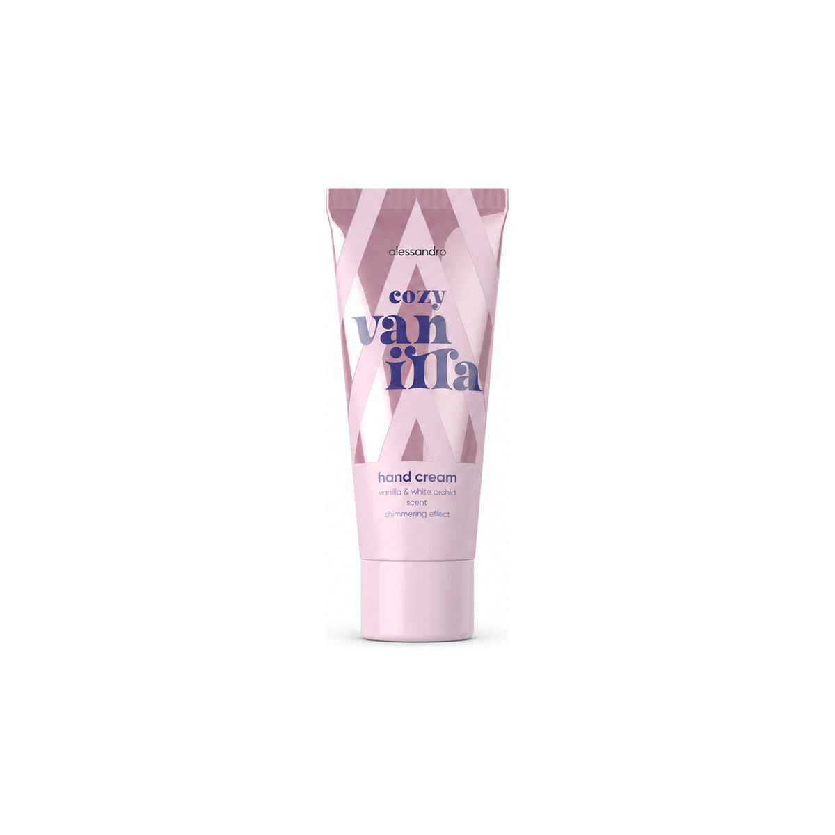 Alessandro Cozy Vanilla Hand Cream – Handcreme mit Schimmer, 20 ml auf weißem Hintergrund – vollständige Produktansicht