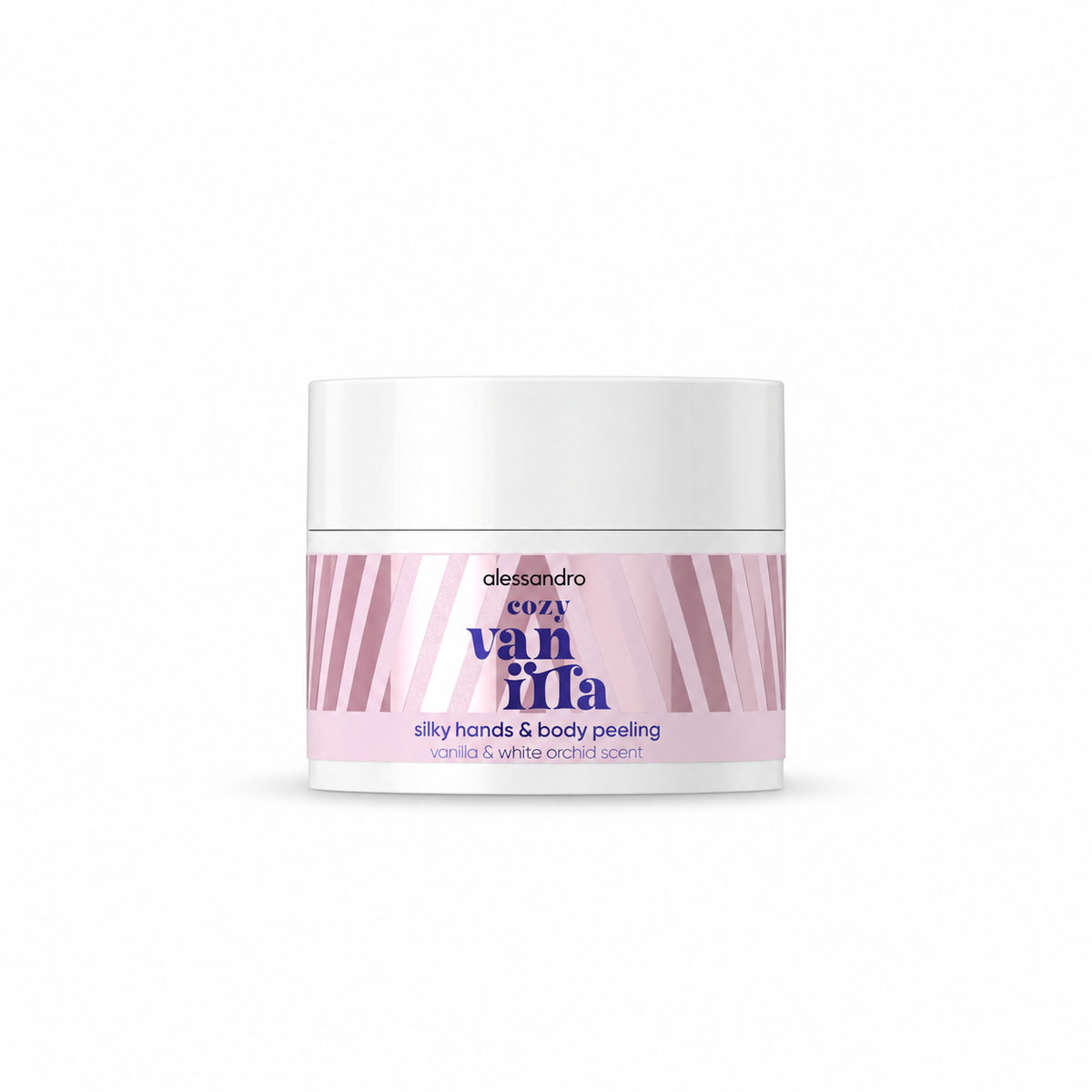 Alessandro Cozy Vanilla Silky Hands & Body Peeling 50 ml auf weißem Hintergrund