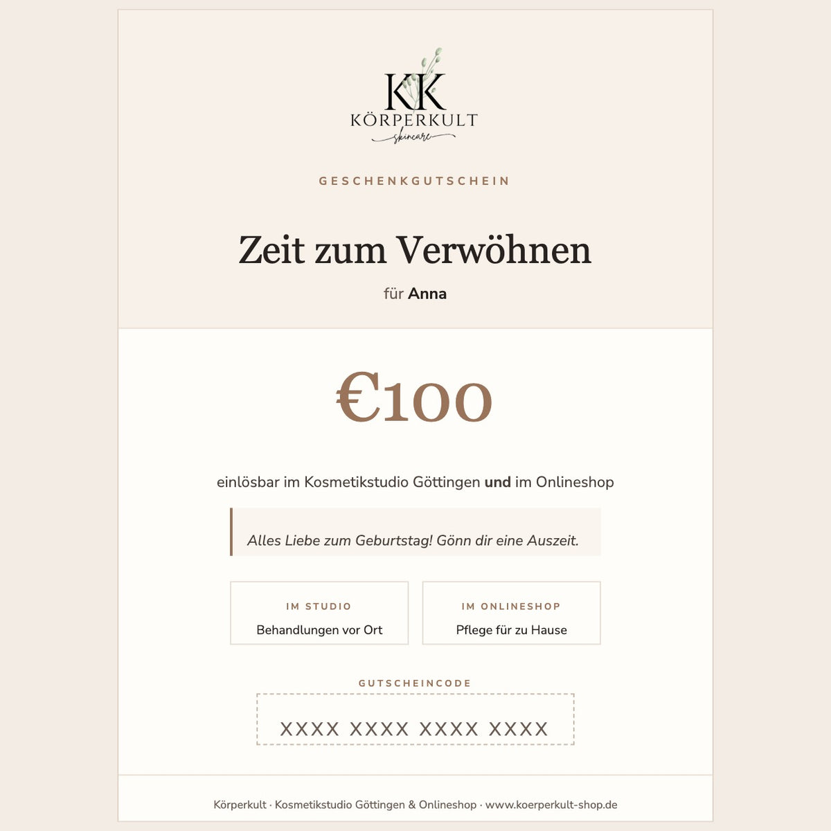 Körperkult Geschenkgutschein über 100 € mit persönlichem Gruß – einlösbar im Kosmetikstudio Göttingen und im Onlineshop
