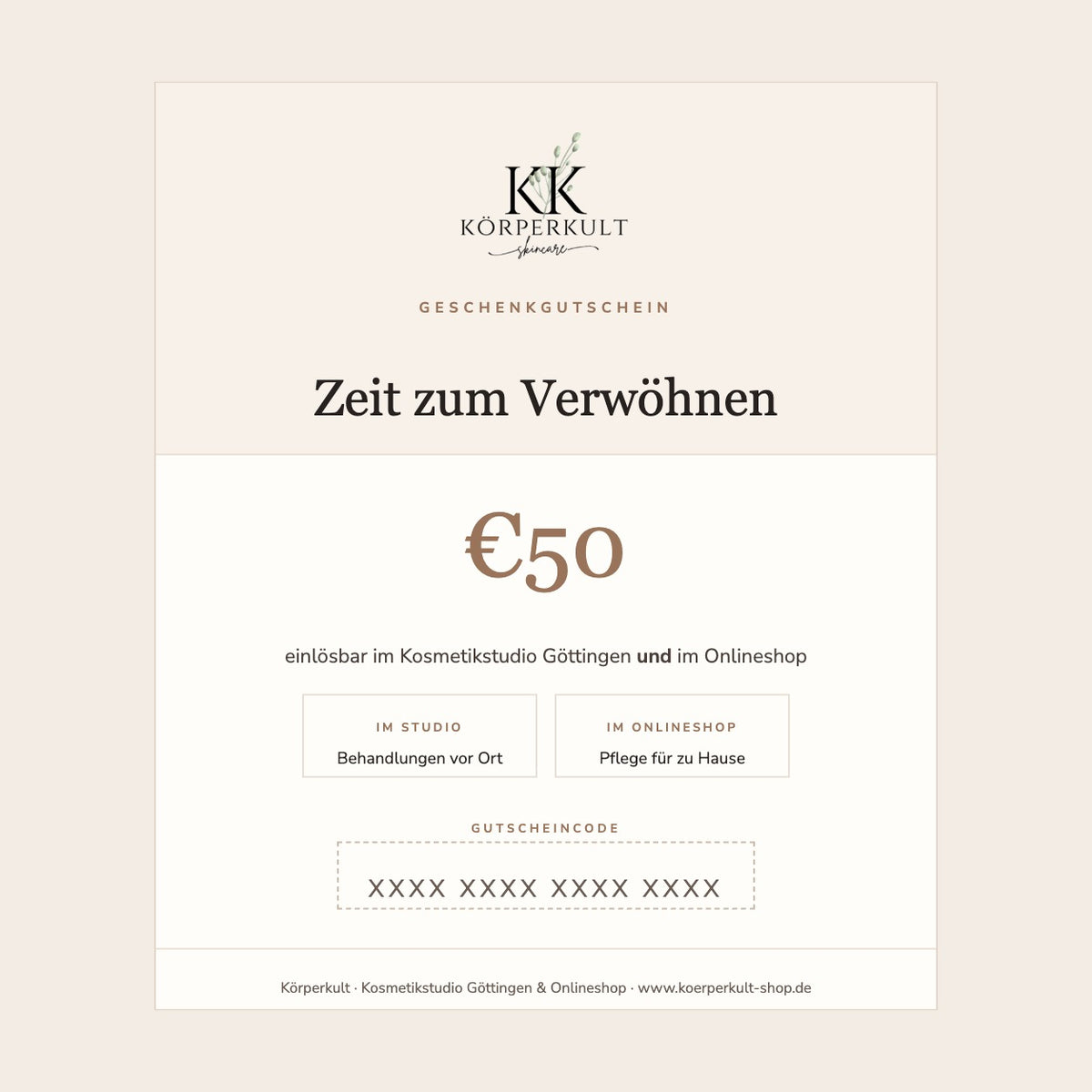 Körperkult Geschenkgutschein über 50 € für Kosmetikstudio Göttingen und Onlineshop