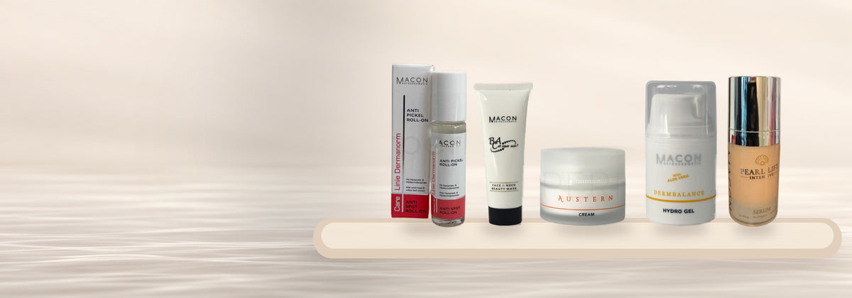 Ausgewählte MACON Originalprodukte aus mehreren Pflegelinien – Dermanorm, BA Cell, Austern, Derm Balance und Pearl Lift