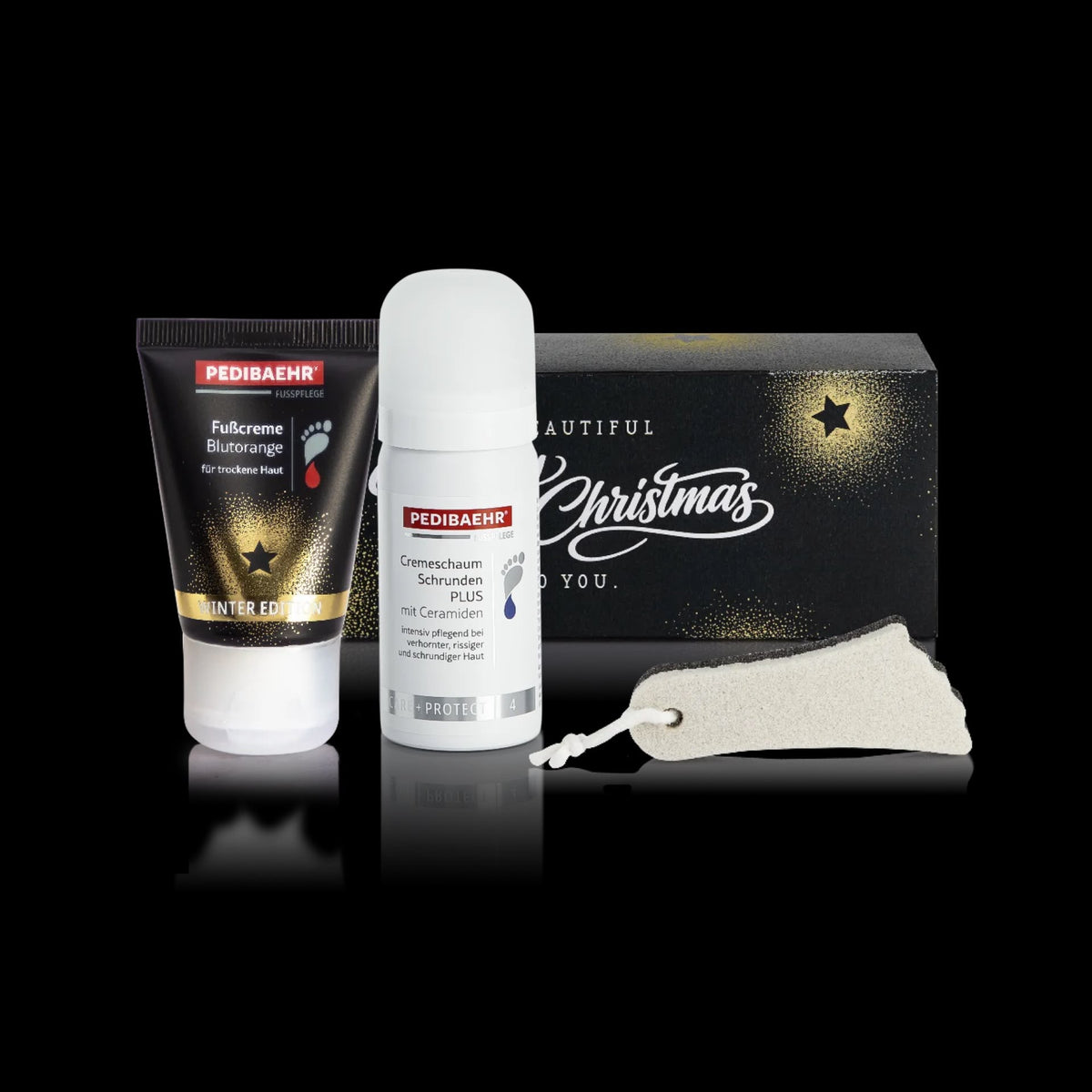 PEDIBAEHR Geschenkset Fußpflege Winter Edition 2026 mit Fußcreme, Cremeschaum und Bimsschwamm
