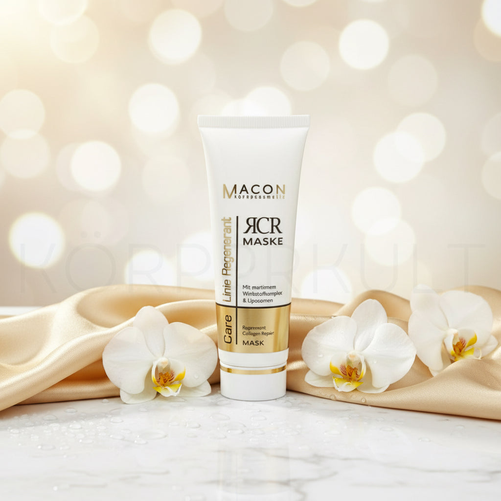 Detailansicht der luxuriösen Verpackung und Konsistenz der Anti-Aging-Maske.