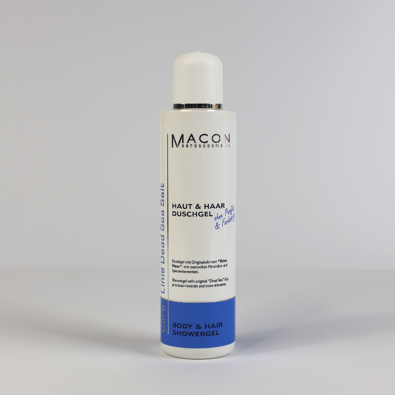 Macon Meerescosmetic Dead Sea Salt Nahaufnahme mit grauem Hintergrund