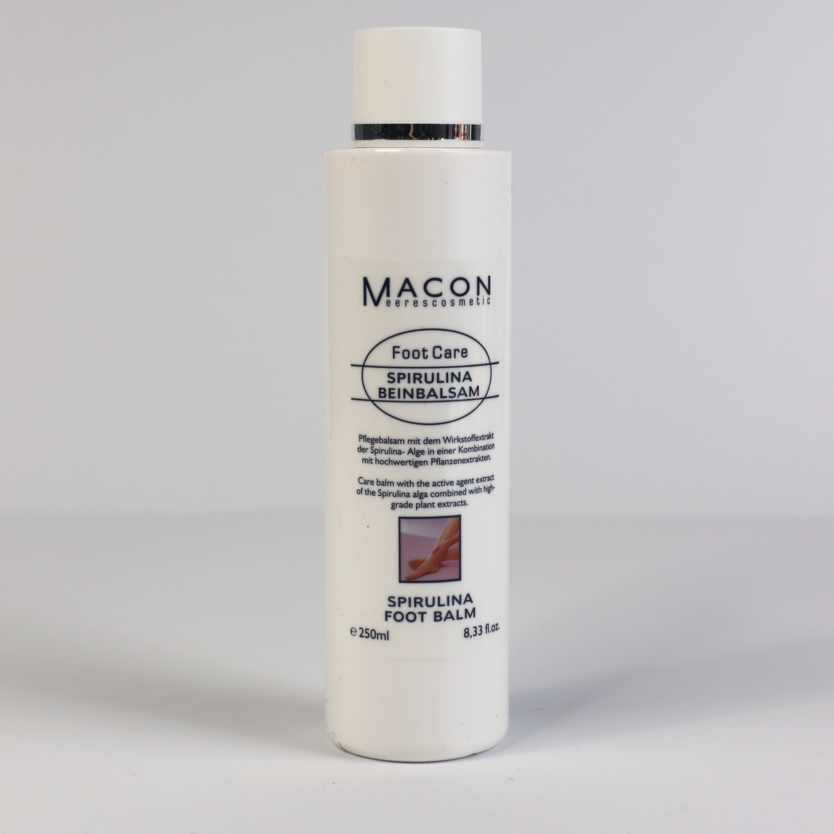 Macon Foot Care Fuß- und Beinbalsam - Ansicht der Flasche, feuchtigkeitsspendender Balsam für Füße und Beine, 250 ml