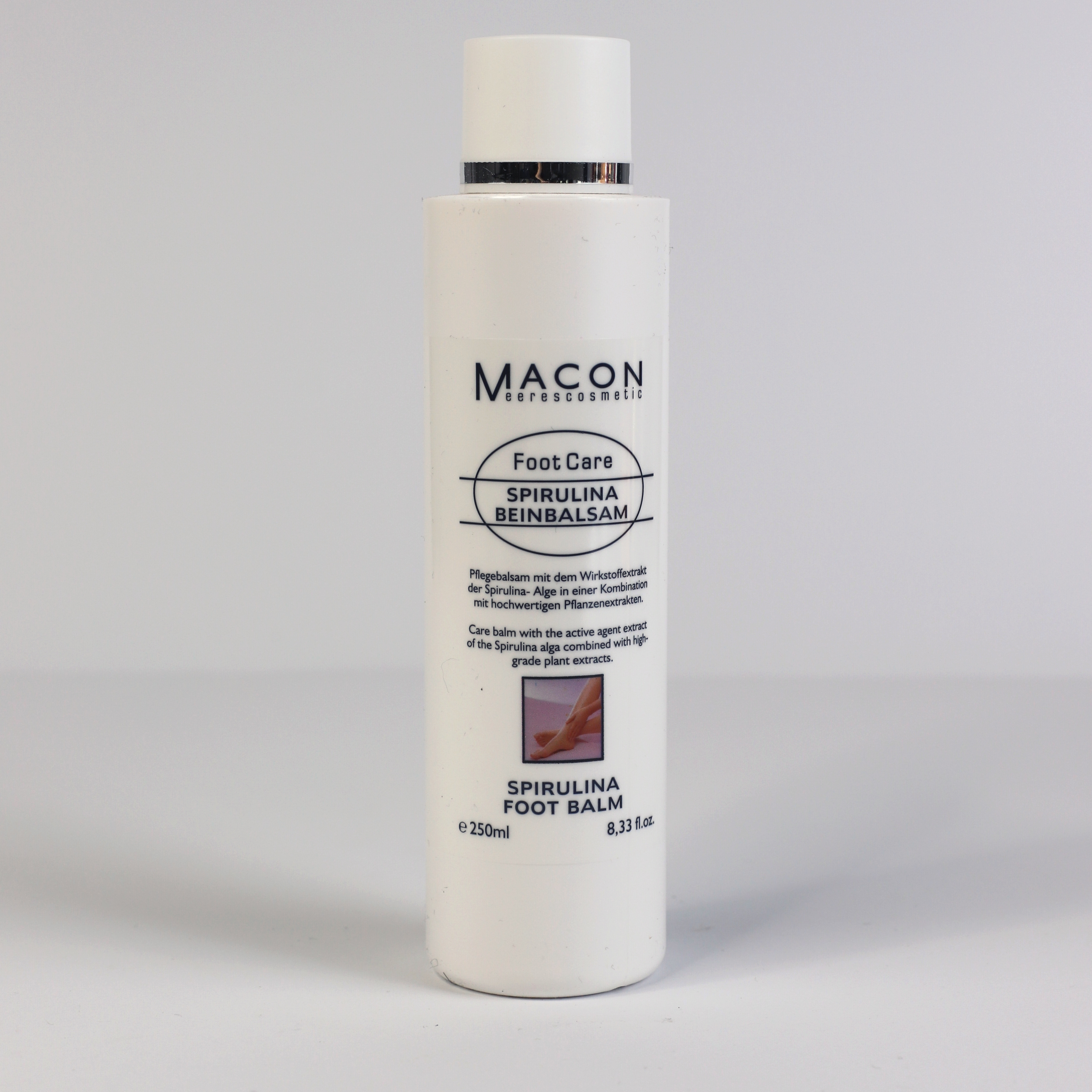 Macon Foot Care Fuß- und Beinbalsam - Ansicht der Flasche, feuchtigkeitsspendender Balsam für Füße und Beine, 250 ml