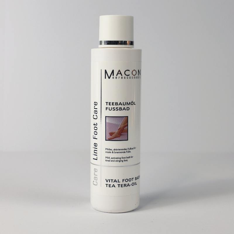 Macon Foot Care Teebaumöl Fußbad - Ansicht der Flasche, Fußpflege mit Teebaumöl, 250 ml